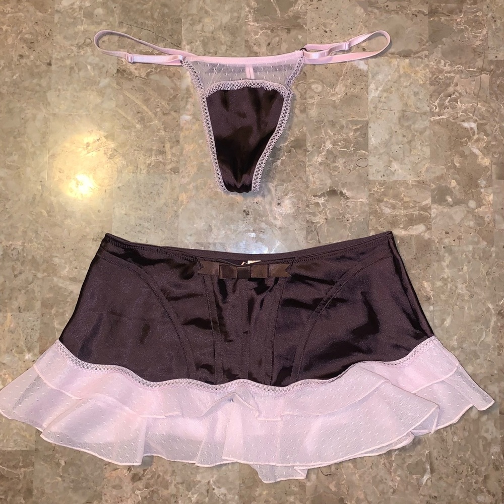 Jezebel sexy small brown and pink thong with bow and medium skirt.